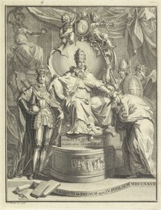 På tronen, Adrian VI Titelsida för: Burmann, Kasper. Hadrianus VI eller den historiska anacleta av Hadrianus den sjätte romerske påven, 1727 av Jan Wandelaar