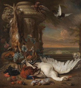 Jakt och fruktstilleben bredvid en trädgårdsvas, med en apa, hund och två duvor, i fjärran Rijksdorp nära Wassenaar, säte för Jacob Emmery, baron av Wassenaar av Jan Baptist Weenix