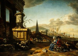 Italiensk hamn (olja på panel) av Jan Baptist Weenix