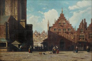 En solbelyst utsikt över Grote Markt med St. Bavo-kyrkan och Vleeshal, Haarlem (olja på panel)