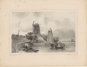 Utsikt över floden med segelbåt och väderkvarn