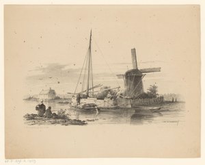 Utsikt över en kanal med en torvpråm och en segelbåt