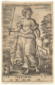Justice, en allegorisk figur som håller en balans i sin vänstra hand och ett svärd i sin högra..., 1579.