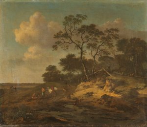 Dunelandskap med jägare som vilar