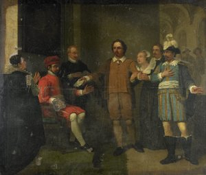 Jacob Simonsz de Rijk får den spanska generalguvernören begäran att frige Marnix van Sint Aldegonde, 1575 av Jan Willem Pieneman