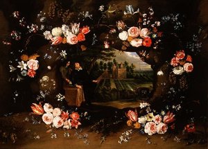 Blomkrans som omger en medaljong som föreställer Nicolas de Man framför hans egendom i Antwerpen, 1653
