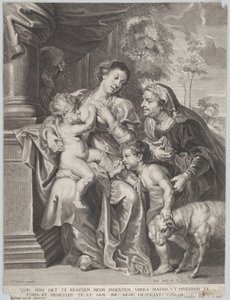 Den heliga familjen med Elisabet och spädbarnet Johannes döparen, jungfrun som ammar spädbarnet Kristus, ca 1635-42 av Jan Witdoek