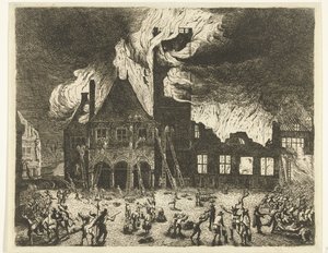 Det gamla stadshuset i Amsterdam står i brand av Jan de Baen