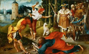 Le martyr de saint Mathias - Sankt Matthias martyrskap, av De Beer, Jan (ca 1475-1528). Olja på trä, ca 1510-1515. Mått: 25,4x41,5 cm. Konsthistoriska museet, Vienne