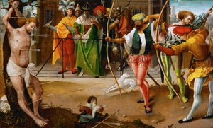 Sankt Sebastians martyrskap - Jan De Beer (ca 1475-1528). Olja på trä, c. 1510. Mått : 25,5x41,5 cm. Konsthistoriska museet, Vienne