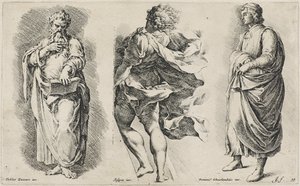 Tre namnlösa figurer efter tre italienska konstnärer (etsning på lagt papper med vattenstämpel till vapenskölden) av Jan de Bisschop