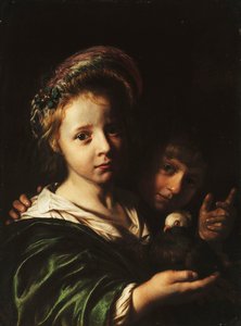 En flicka som håller en duva och en pojke gör en gest, 1652