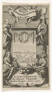 Fyra figurer runt ram med utsikt över Dordrecht Titelsida för: Dordrechtsche Arcadia, 1701 av Jan de Jonge