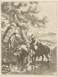 Herde och packad pojke vid en bäck Landskap med djur (serietitel) Diversa Animalia (serietitel på objekt) av Jan de Visscher
