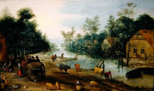 Ett skogigt flodlandskap på sommaren med resenärer som anländer till ett värdshus (olja på panel) av Jan the Elder (circle of) Brueghel
