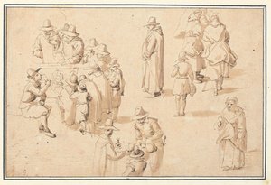 En fontän på Spa med studier av eleganta figurer som tar vattnet och av två munkar och en präst av Jan the Elder Brueghel