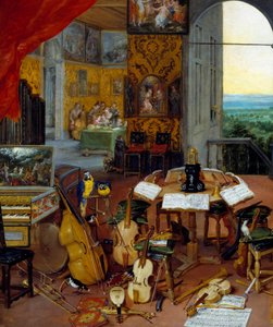 Detaljförhör som representerar musikinstrument (cello, fiol, luta, flöjt, cembalo). Målning av Jan Brueghel Le Vieux kallar Brueghel de Velours (Brueghel eller Brueghel av Jan the Elder Brueghel