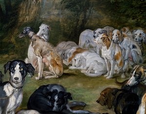Hundar, detalj från Diana och Nymphs på väg att lämna av Jan the Elder Brueghel