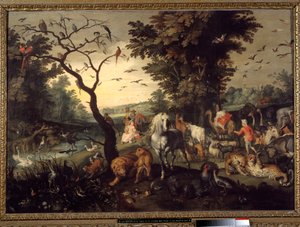 Ingång till arken Djur går in i Noes ark före syndafloden. Målning av Jan Brueghel den äldre kallar Brueghel de Velours av Jan the Elder Brueghel