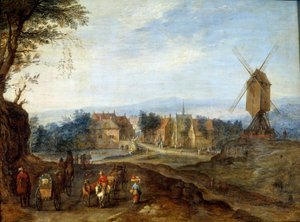 Landskap vid väderkvarnen Målning av Jan Breugel Le Vieux kallar Bruegel de Velours (Brueghel eller Breughel av Jan the Elder Brueghel
