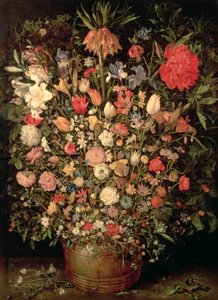 Stor bukett blommor i en träbalja av Jan the Elder Brueghel