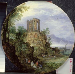 South Coast Landscape with the Temple of Vesta in Tivoli, 1595  av Jan the Elder Brueghel
