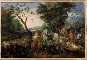Bordandet av djur i arken Noe Målning av Jan Bruegel (eller Breugel eller Brueghel eller Breughel) den tidigare känd som Bruegel de Velours (1568-1625) 1600-talets Orleans, Musee des Beaux Arts - Djurens inträde i Noaks ark Målning av Jan av Jan the Elder Brueghel