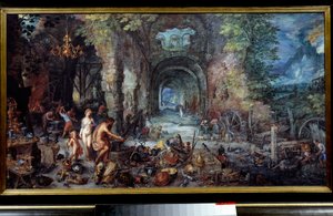 De fyra elementen: "The Fire"" Allegori. Kom och Vulcan i smeden, gör vapen till deras son Enee. Runt dem arbetar smeder och guldsmeder med rustningar, vapen, vaser, smycken, drickskoppar, fat och kittel. Målning av Jan Breugel Le V av Jan the Elder Brueghel