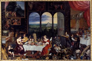 Smaken, hörseln och beröringen. Allegori om de fem sinnena En rik familjs måltid: fågel och skaldjur (inklusive ostron) utgör bankettmenyn. Målning av Jan I Brueghel Dit De Velours (1568-1625) Ec. Flam av Jan the Elder Brueghel