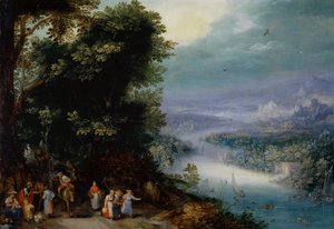 Skogbevuxen älvdal med väg, c.1602 av Jan the Elder Brueghel