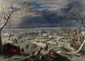 Ett vinterlandskap med skridskoåkare på en frusen vattenväg vid en by, en jägare i förgrunden, Antwerpen bortom,