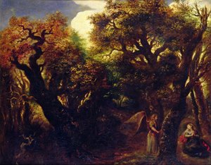 Skovklædt landskab med Hagar og englen, ca. 1645 swed