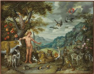 Adam som namnger djuren, från historien om Adam och Eva
