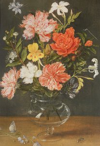 Stilleben av nejlikor och andra blommor
