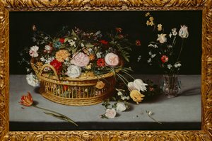 Stilleben med korg och vas med blommor (olja på duk)