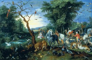 Djurens inträde i Noaks ark (olja på panel)