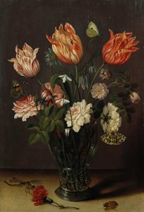 Tulpaner med andra blommor i ett glas på ett bord av Jan Brueghel the Younger