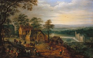 Bygata med figurer och vagnar, ett moated slott i bakgrunden av Jan Brueghel the Younger