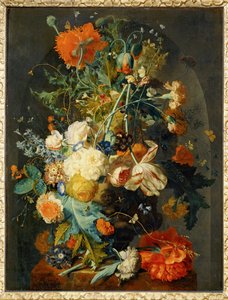 Vas med blommor i en nisch ... av Jan van (follower of) Huysum