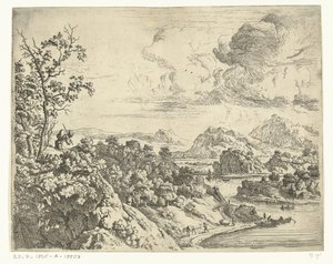 Flodlandskap med en man med kostym på ryggen Rhenlandskap (serietitel)