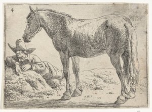 Stående häst med vilande ryttare Landskap med hästar (serietitel)