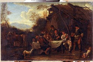 The Merry Meeting (Merrymeeting). Målning av Jan Miel (1599-1664). Konst i flamländsk barockstil. Olja på duk. Regionala I. Kramskoi konstmuseum, Voronezh (Voronezh, Ryssland).