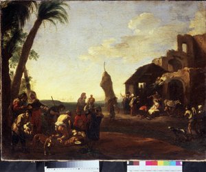 Tillbedjan av Kristus. Tillbedjan av Kristusbarnet. Målning av Jan Miel (1599-1664), 1650-tal. Olja på duk. Flamländsk konst, barockstil. Pushkin Museum of Fine Arts, Moskva