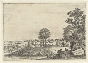 Landskap med två män på en grusväg och utsikt över en by Landskap (serietitel) av Jan van Brosterhuyzen