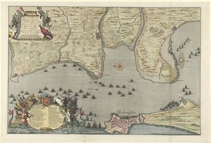 Karta över den allierade landningen och expeditionen i Cadiz, 1702 Plan av Dissante för landstigning i Spangien för Cadix med Campements och Marse utförd av hertigen av Ormont och generalen Majoor och Baron de Spar Ceedert den 26 augusti till av Jan van Call (I)