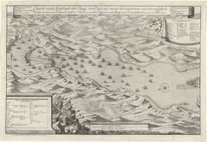 Sjöstrid i Vigo Bay och fångsten av den spanska silverflottan, 1702 Carte vande Landingh i Vigosbukten som en del av intagandet av två Casteels och fångsten av den spanska silvreflottan som ankrades i bukten för Redondella den