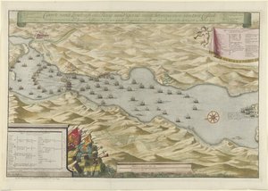 Sjöstrid i Vigo Bay och fångsten av den spanska silverflottan, 1702 Carte vande Landingh i Vigosbukten som en del av intagandet av två Casteels och fångsten av den spanska silvreflottan som ankrades i bukten för Redondella den