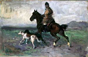Ryttare med vinthundar, ca 1890 (olja ombord)