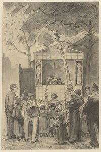 Åskådare framför en dockteater av Jan van Essen (possibly)