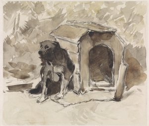 Hund som sitter i koppel framför sin kennel